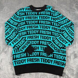 Teddy Fresh Spell Out Knit Sweater Teal Black Medium Crewneck Pullover